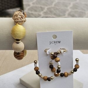 SET! J. Crew Wooden Bead Hoops with Natural Material Stretchy Bracelet